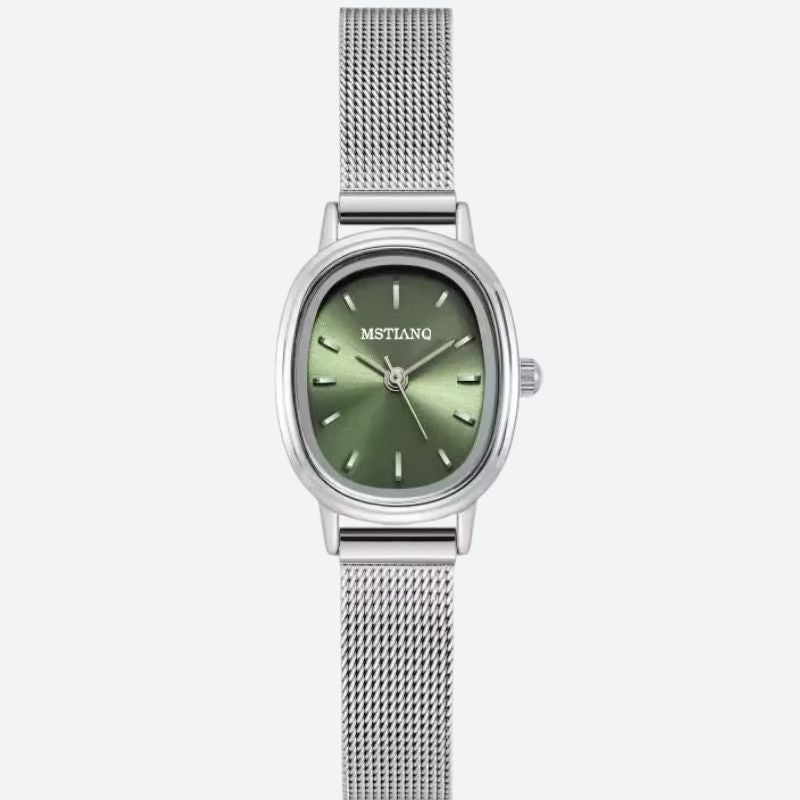 Women's Oval Stainless Steel Watch with Minimalist Green Dial